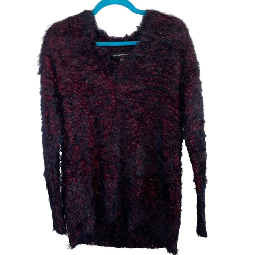 Rock & Republic Fuzzy Knit‎ Sweater Large Burgundy Black Textured Cozy Eyelash